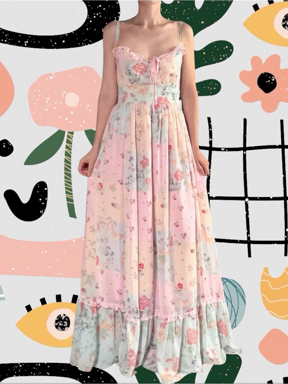 Dolls Kill x Holly Hobbie | Pat A Cake Pastel Floral Patchwork Maxi Dress